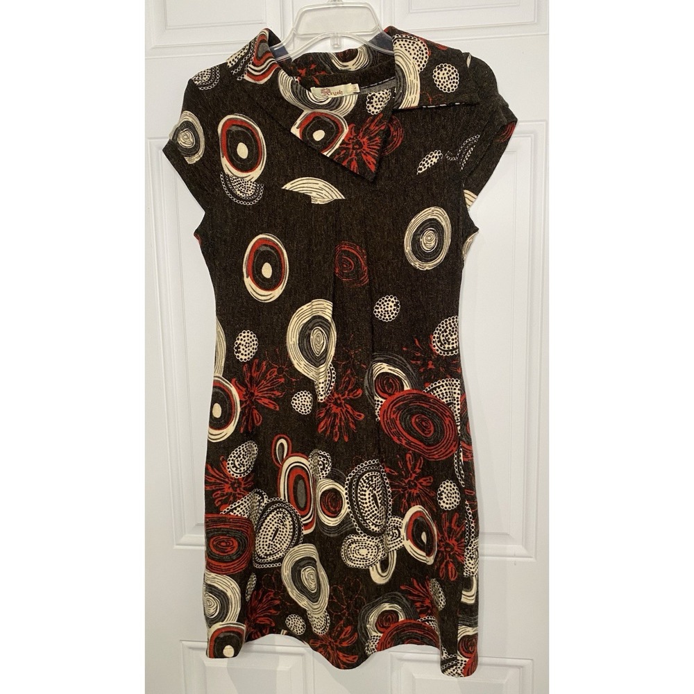Aryeh Women's Large‎ Tunic Dress Brown Cream Red Swirls Cap Sleeves Boho